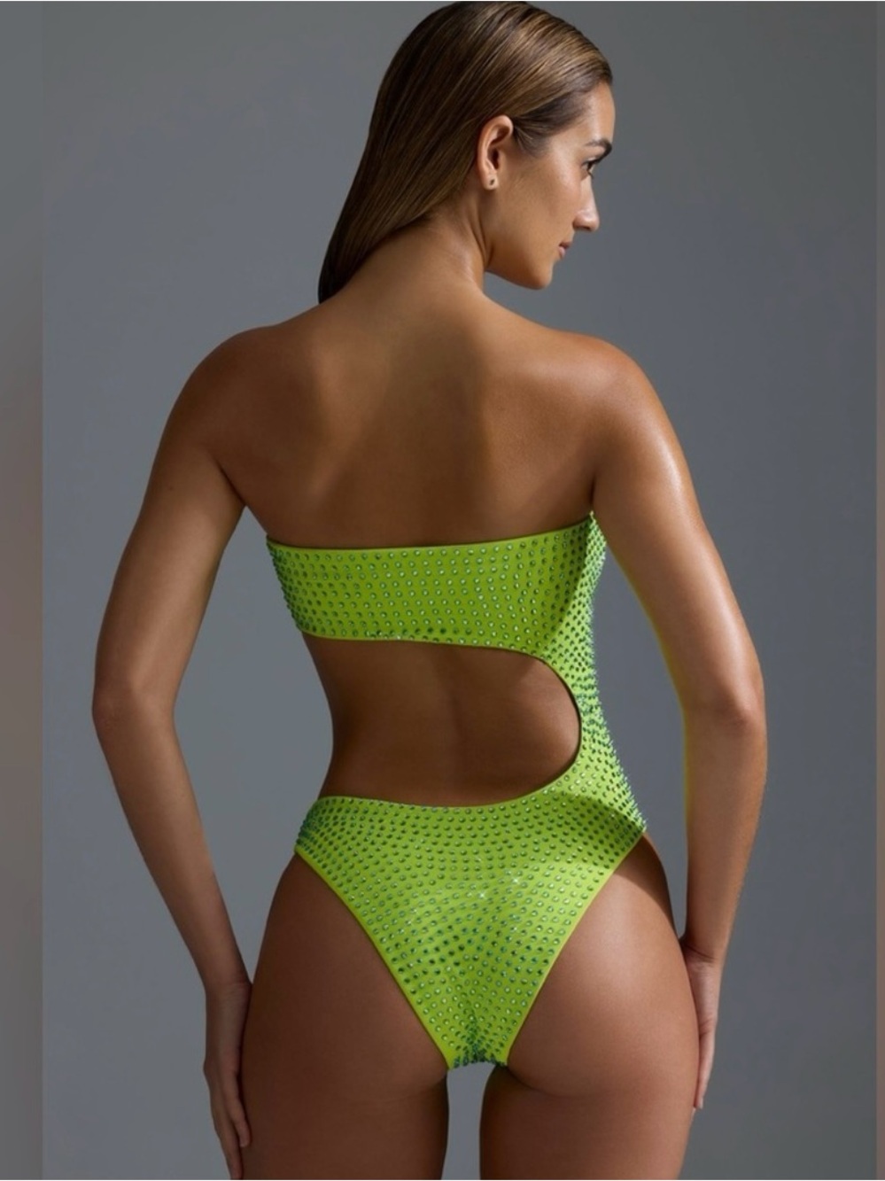 Oh Polly Embellished Acid Lime Green Cutout Swimsuit - Picture 2 of 6